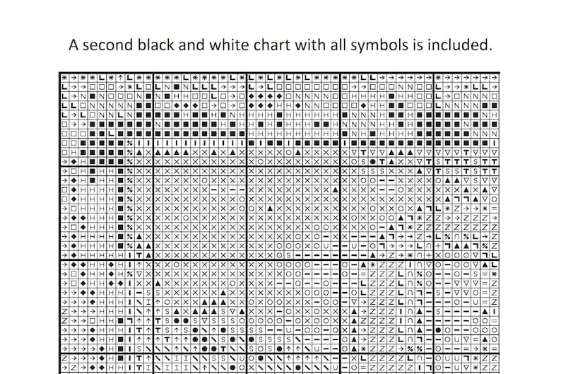 May include: Black and white chart with symbols, including arrows, letters, and shapes. The chart is divided into a grid of squares.
