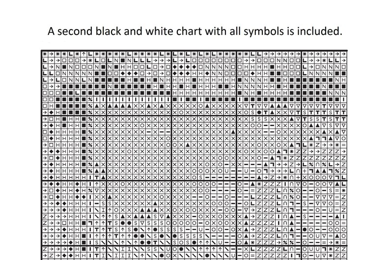 May include: Black and white chart with symbols for cross stitch. The chart includes a variety of symbols, including letters, numbers, and shapes.
