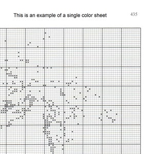 May include: A black and white cross-stitch pattern sheet featuring a grid layout with scattered black square symbols forming a design. The text "This is an example of a single color sheet" and the number "435" are printed at the top of the page.