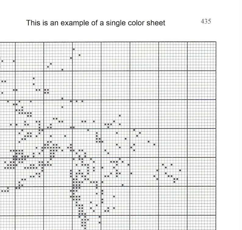May include: A black and white cross-stitch pattern sheet featuring a grid layout with scattered black square symbols forming a design. The text "This is an example of a single color sheet" and the number "435" are printed at the top of the page.