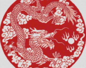 Chinesischer Roter Drache Kreuzstichvorlage PDF - EASY chart mit einer Farbe pro Bogen UND regulärer Stickvorlage! Zwei Charts in einem!