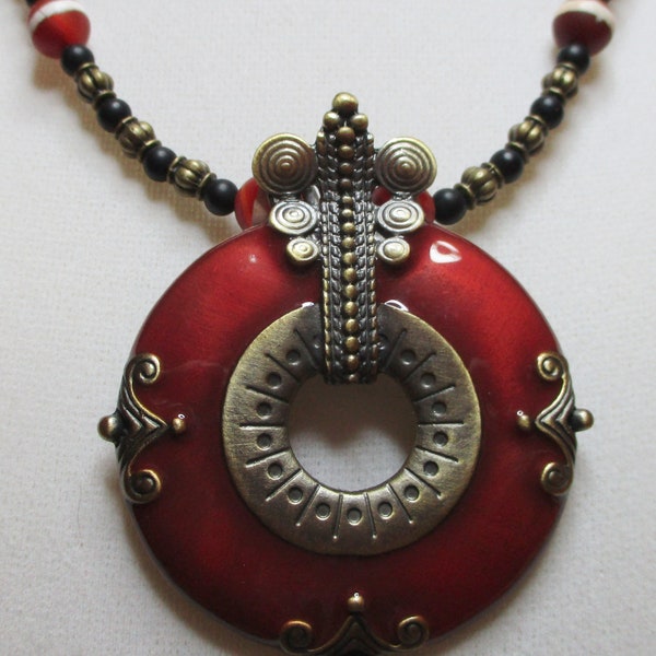 Asian Guitar Donut Enamel Pendant with Carnelian & Black Matte - Unusual Elephant Closure Necklace