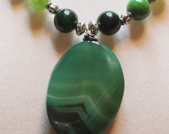 Unisex Landscape Agate with Multi-colored Green Agate Rounds and Fluted Silver Spacers Necklace