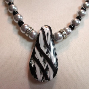 Exquisite Study in Black & White Dichroic Pendant with Silver Foil and Black Onyx Rounds Beaded Necklace