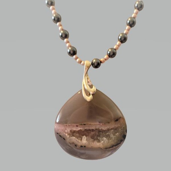 Fabulous Purple Natural Peachblow Druzy Agate Geode Gemstone Pendant with Steel Gray and Mauve Glass Pearls Beaded Necklace