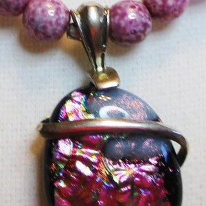 Wire Wrapped Glowing Pink Dichroic Pendant Accented by Purple & Mauve Glass Beads Necklace