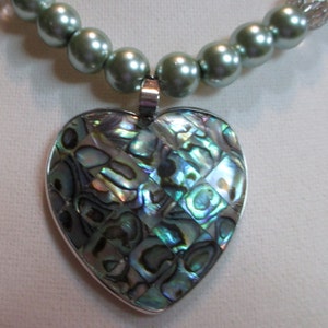 Mosaic Abalone Shell Heart Pendant with Highly Filigreed Silver and Sage Green Round Beads Necklace