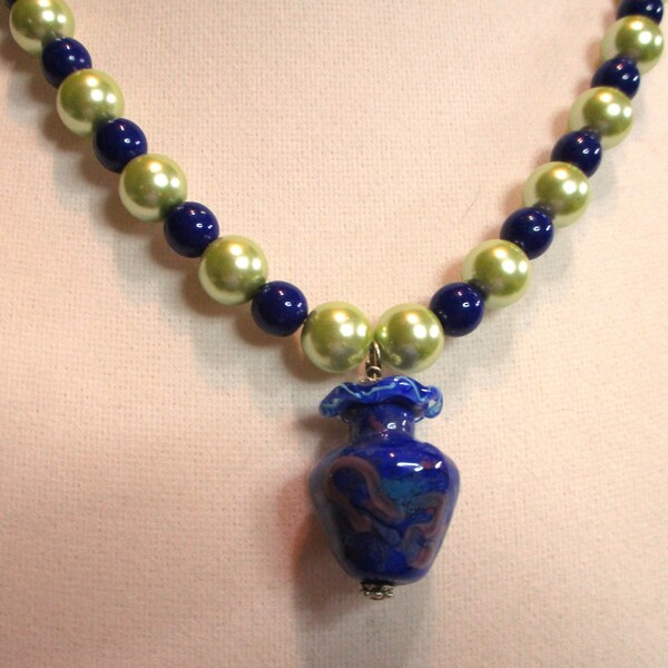 Charming Handmade Lampwork Vase Pendant with Deep Blue and Green Round Glass Pearl Beads Necklace