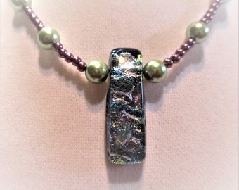 Multi-Colored Dichroic Pendant with Gorgeous Mauve and Lime Green Glass Pearls Beaded Necklace