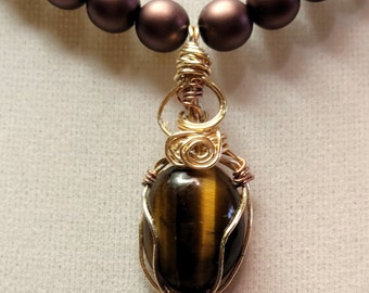 Elegant Wire Wrapped Tiger Eye Genuine Gemstone Pendant with Rich Matte Mocha Glass Pearl Beads Necklace