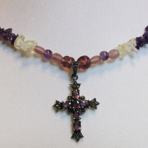 Gorgeous Antique Silver Highly Ornate Cross Pendant with Amethyst Insets and Amethyst Accents Beaded Necklace