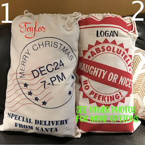 SALE! Personalized Santa Sack -Santa Claus Sack - Christmas tote - Holiday Sacks - Holiday Bags- Name on Santa Sack bag, Christmas tree deco