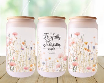 May include: Three pink and white reusable tumblers with bamboo lids and clear straws. Each tumbler features a floral design with the text "You are fearfully and wonderfully made. Psalm 139:14"
