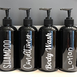 Black Shampoo and Conditioner bottles, black plastic bottles with pump, Farmhouse bathroom, pump bottle set, Airbnb ideas, VRBO kitchen