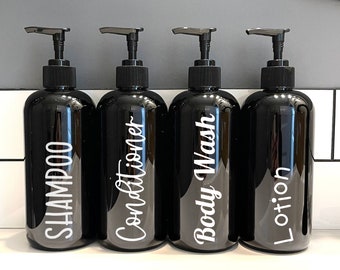 Black Shampoo and Conditioner bottles, black plastic bottles with pump, Farmhouse bathroom, pump bottle set, Airbnb ideas, VRBO kitchen