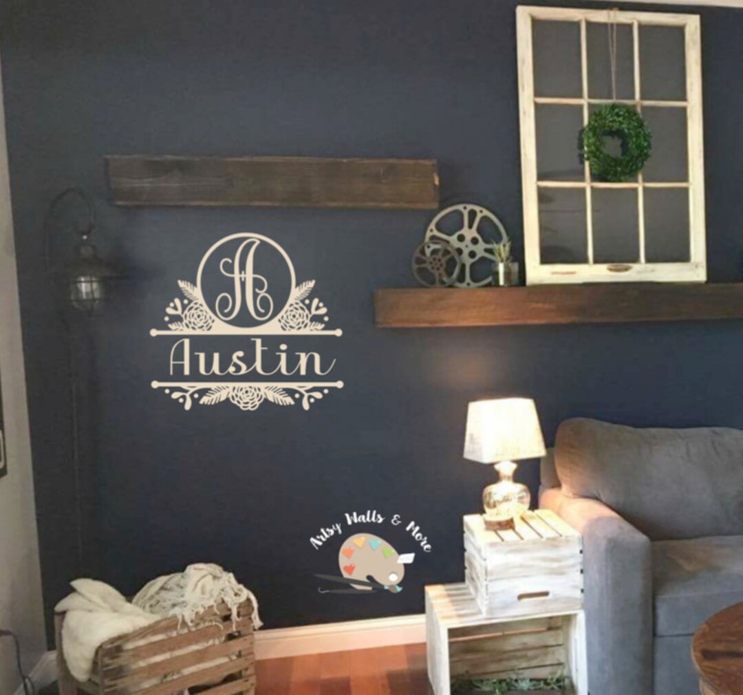 Monogram Family Name Wall Vinyl Decal Sticker, Last Name Initial and