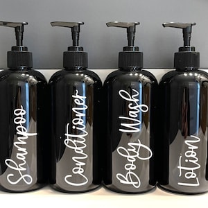 SET of 4 black plastic bathroom bottles with pump, Refillable shampoo & conditioner bottles, Farmhouse bathroom, Airbnb ideas VRBO decor