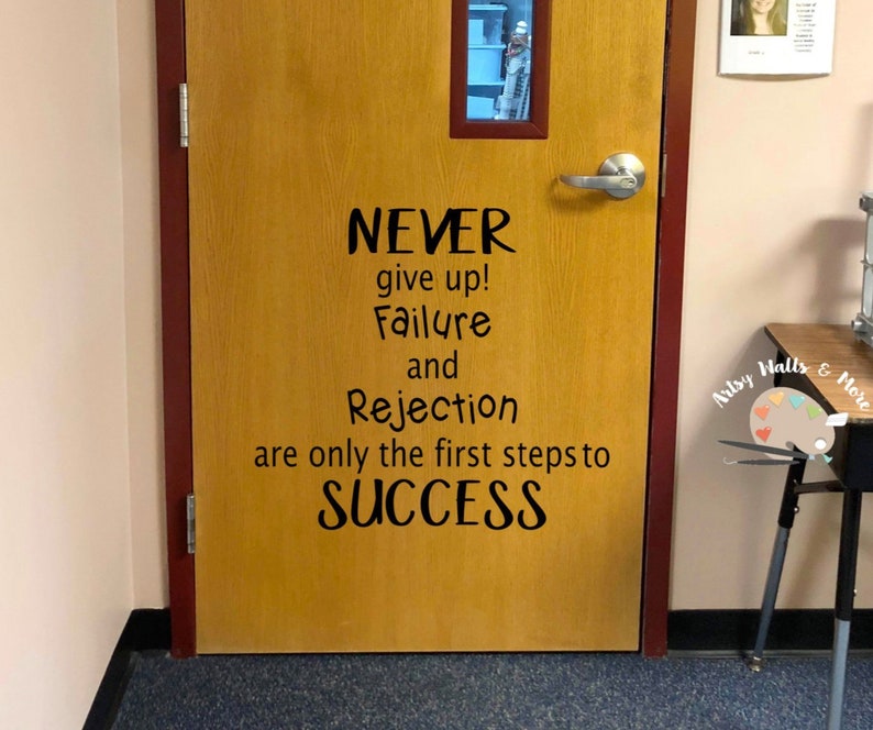 Never Give up Wall Decal Success quote wall decal School Classroom Library Decal office hallway Decor Positive quote decal school door decal