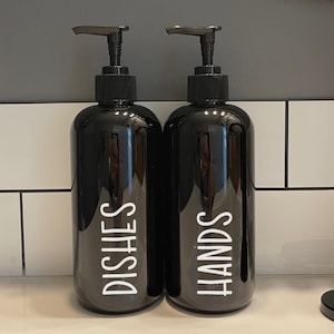 black Hands and Dishes bottles, black plastic bottles with pump, Farmhouse Kitchen, black bottle set, Airbnb decor, VRBO decor