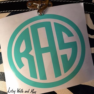 May include: A white circle with a teal monogram of the letters "RAS" in a circle. The sticker is on a zebra patterned surface.