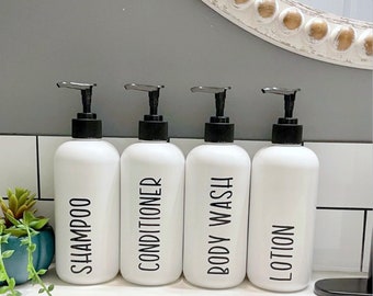 SET of 4 Refillable plastic bathroom bottles with pump, shampoo & conditioner bottles, Farmhouse bathroom, Airbnb VRBO decor