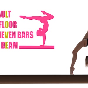 May include: A gymnast performs a backbend on a brown balance beam. The words "VAULT", "FLOOR", "UNEVEN BARS", and "BEAM" are written in pink and gold letters on a white background.