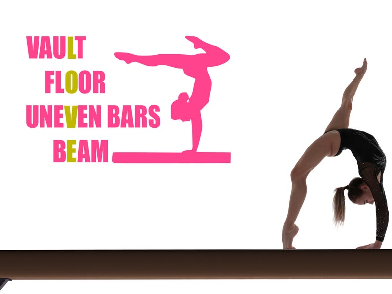 May include: A gymnast performs a backbend on a brown balance beam. The words "VAULT", "FLOOR", "UNEVEN BARS", and "BEAM" are written in pink and gold letters on a white background.