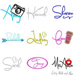 May include: Nine different hand-drawn designs featuring names with various icons. The names include Amy, Hannah, Sharon, Rachelle, Lindsay, Fonda, Sarah, Tanya, and Mrs. Austin. The icons include a camera, paintbrush, coffee cup, arrow, heart, and apple.