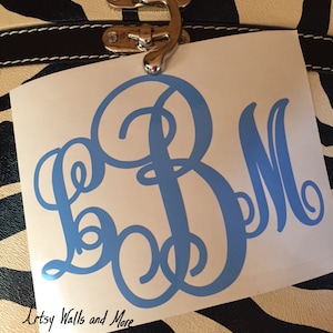 May include: A blue monogram decal with the letters "B.B.M." on a white background. The decal is attached to a zebra-print suitcase.