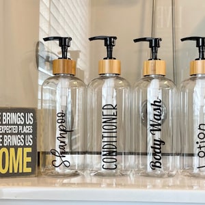Bamboo pump Refillable Clear bottles, Clear plastic bottles with bamboo pump, Modern bathroom, bamboo bottles, Airbnb decor, VRBO decor