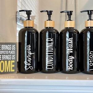 Bamboo pump Refillable black bottles, black plastic bottles with bamboo pump, Modern bathroom, bamboo bottles Airbnb and VRBO bathroom decor