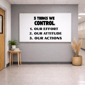 May include: A rectangular white wall sign featuring black text that reads: 3 THINGS WE CONTROL: 1. OUR EFFORT 2. OUR ATTITUDE 3. OUR ACTIONS. The sign is mounted on a gray wall above a small wooden table with a potted plant and a woven floor basket.