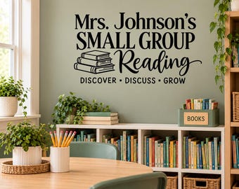 Vinilo decorativo personalizado para lectura en grupos pequeños, decoración de aula con nombre personalizado del profesor, área de lectura guiada, arte mural para intervención en lectura.