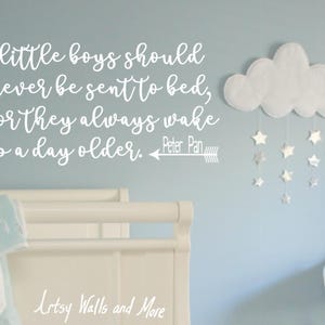 Baby Boy Nursery Room Decor | Little boys should never be sent to bed | Baby Shower | Nursery Wall Art | baby boy Peter Pan quote wall decal