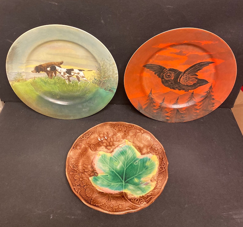 Majolica And Animals DOGS,PHEASANT Plates 3 Collectibe Lot