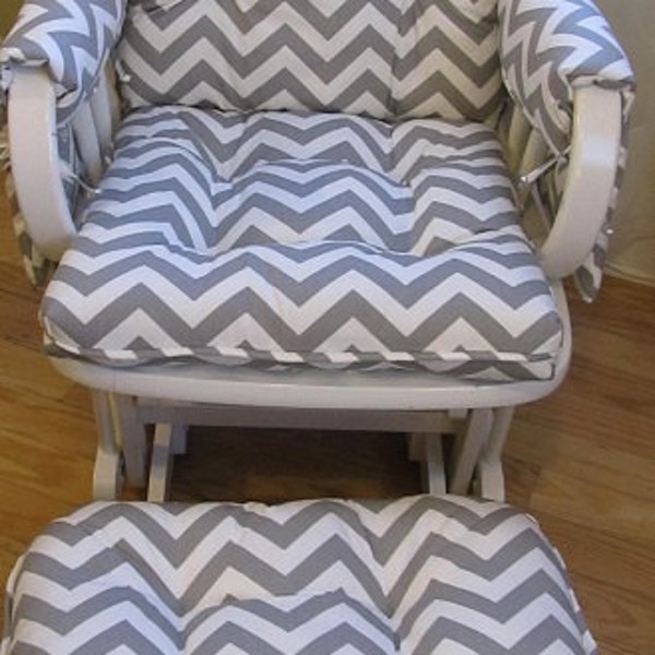 Made To Order / Glider Cushion Set,Armrests and Ottoman Cushion in Grey and White Chevron, rocker, dutailier, Armcovers