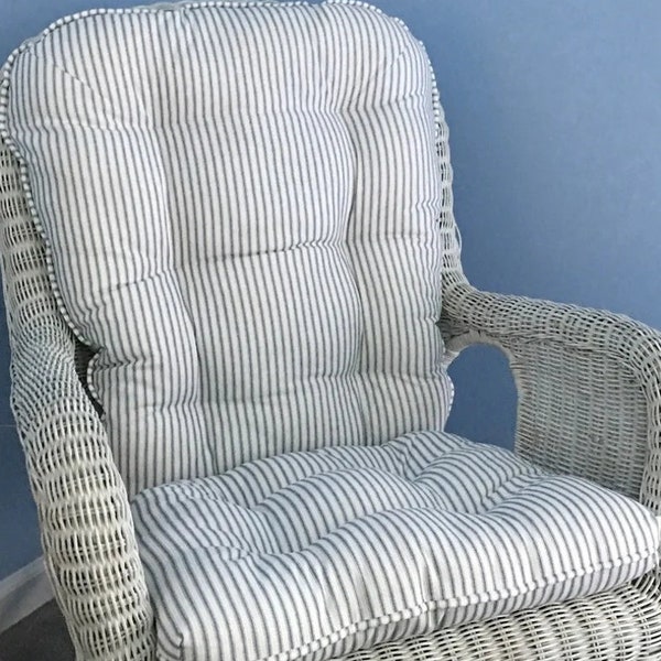 Rocking Chair or Glider Cushions Set in Navy Blue & White Ticking Stripe, Dutailier Replacement