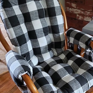 Glider or Rocking Chair Cushions Set With Arm Rest Covers in Black White  Check Buffalo Plaid, Rocker, Dutailier Replacement, 