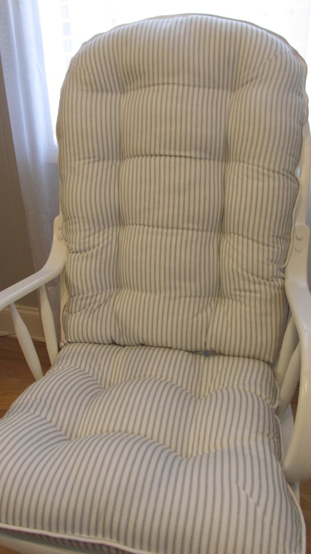 Rocking Chair or Glider Cushions Set in Grey Storm & White Ticking Stripe, Dutailier Replacement