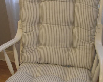 Rocking Chair or Glider Cushions Set in Grey Storm & White Ticking Stripe, Dutailier Replacement