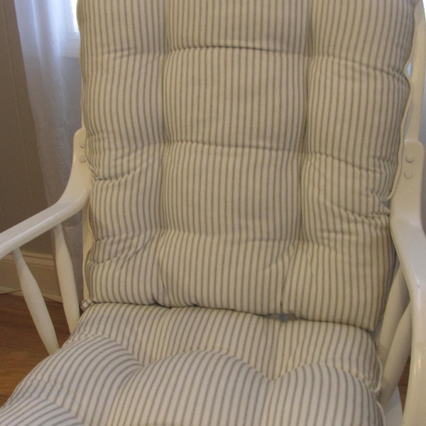 Rocking Chair or Glider Cushions Set in Grey Storm & White Ticking Stripe, Dutailier Replacement