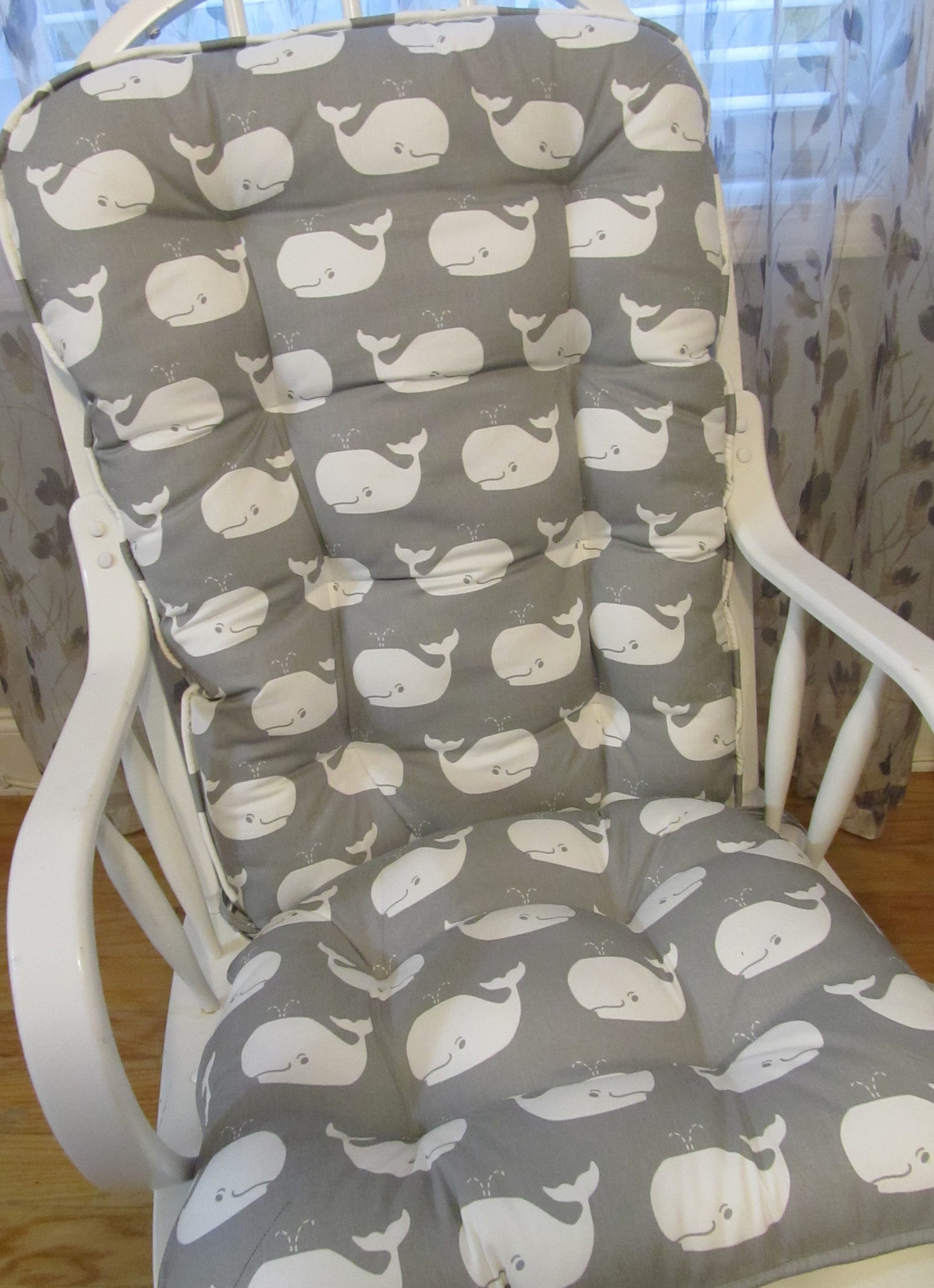 Rocking Chair or Glider Cushions Set in Whale Tales White on Gray, Rocker, Dutailier Replacement