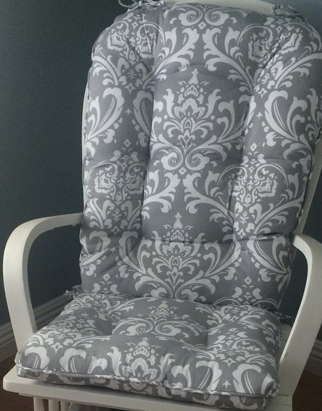 Glider or Rocking Chair Cushions Set in Grey and White French Damask, Chair Pads, Rocker