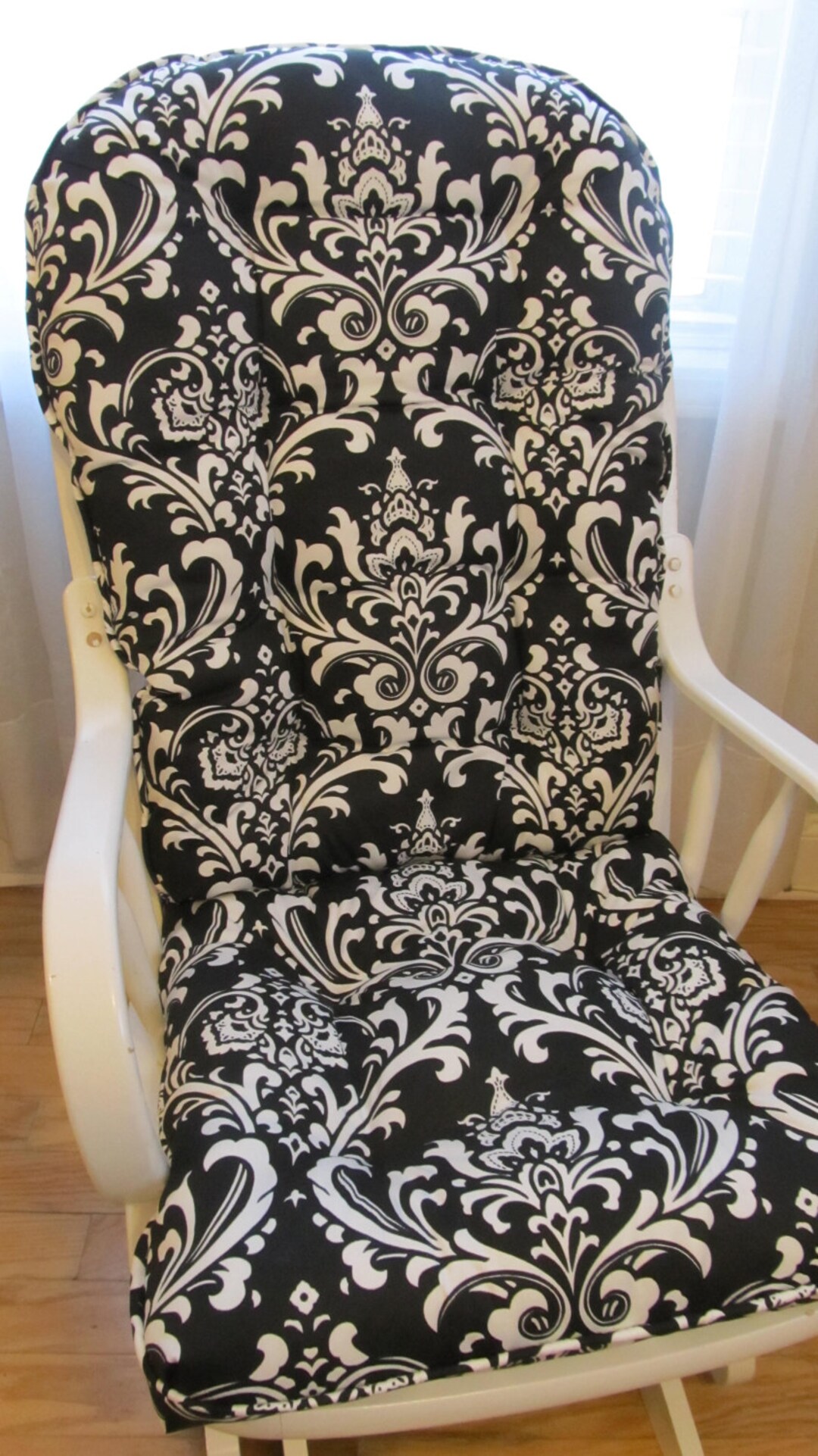 Glider or Rocking Chair Cushions Set in Black and White French Damask, Chair Pads, Rocker