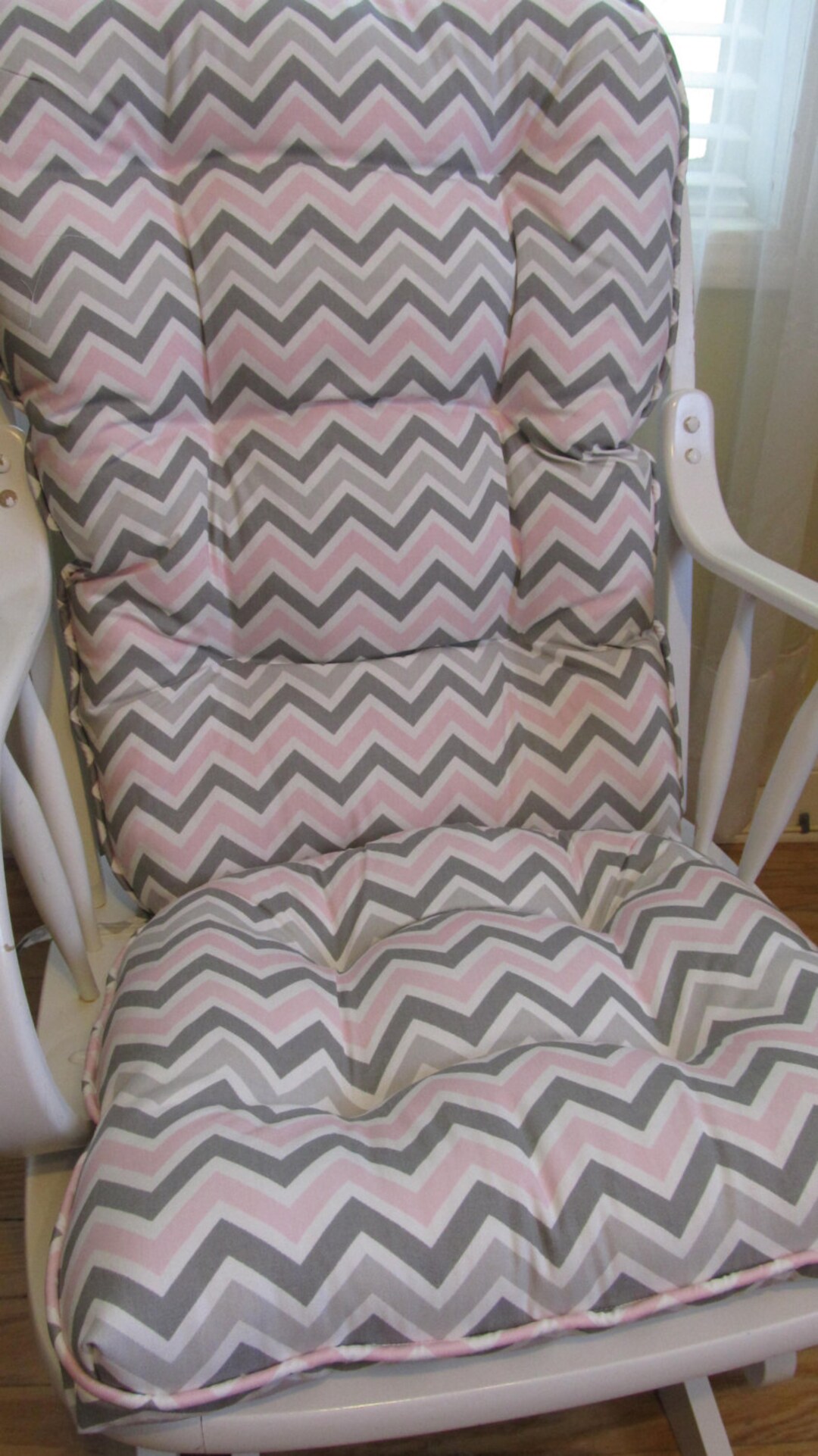 Glider or Rocking Chair Cushions Set in Grey, Pink and White Chevron