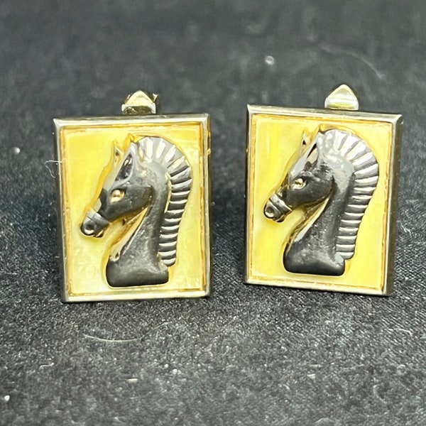 Swank Gold Tone/Silver Tone MOP Horse Head Rectangle Cufflinks Signed (3413)