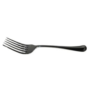 May include: A single, shiny, silver fork with four tines. The handle is curved and tapers to a rounded end. The fork is set against a plain white background, highlighting its sleek design.