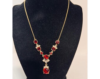 Givenchy Gold Tone With Red and Clear Crystals Statement Necklace