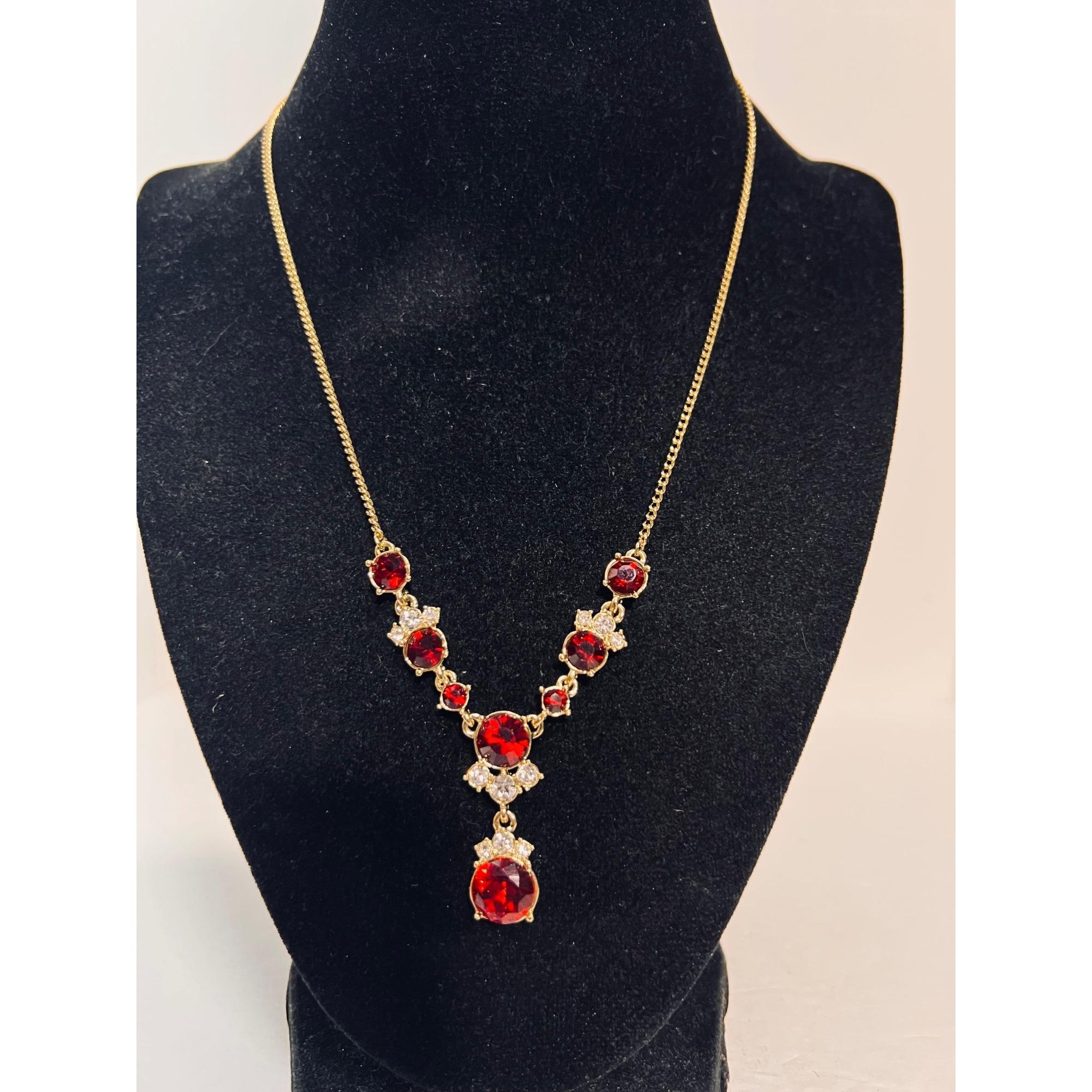 Givenchy Gold Tone With Red and Clear Crystals Statement Necklace