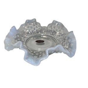Vintage Fenton Clear Opalescent Hobnail Bowl con borde engarzado y con volantes